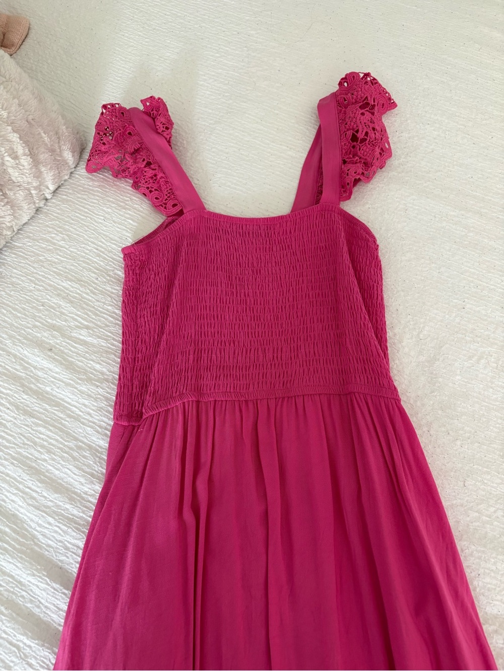 Girls Hot Pink Smocked Sundress with Lace Flutter Straps